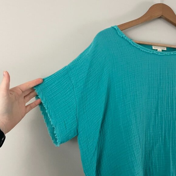 Eileen Fisher Gauzy Cotton Teal Blue Frayed Hem Top Size Large - Picture 6 of 6